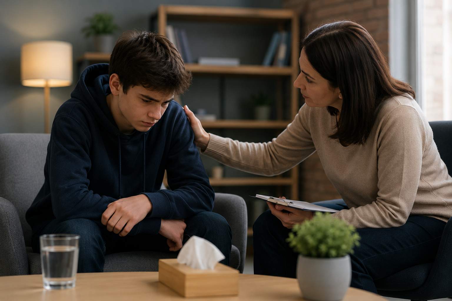Психолог беседует с подростком во время консультации, посвящённой лечению подростковой зависимости.